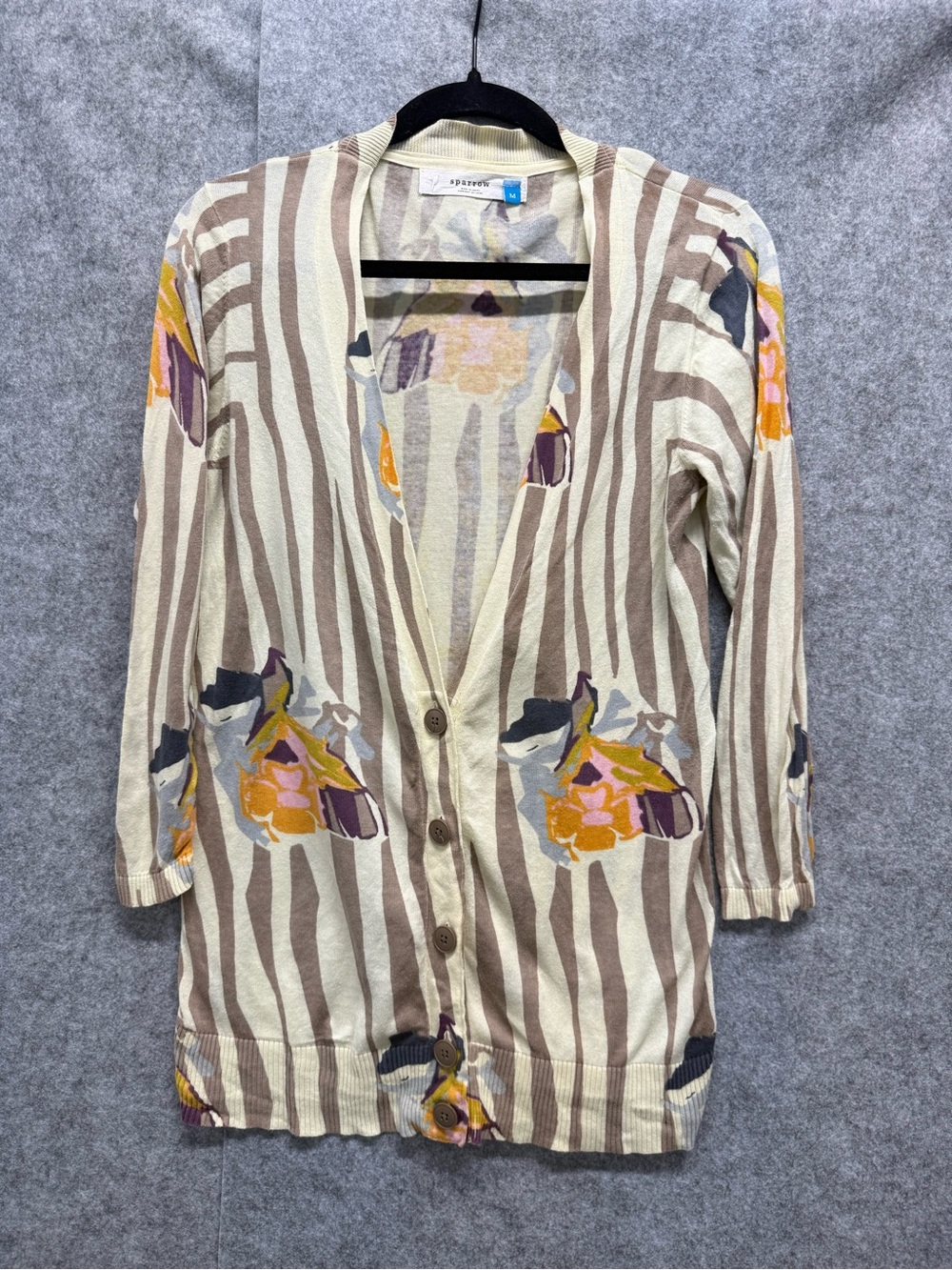 Sparrow Cream Brown Striped Floral Button-Up Cardigan - Womens M - Y2K Casual